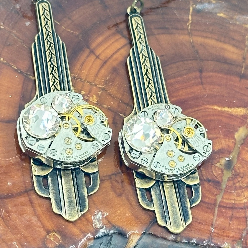 Art Deco Watch movement Bronze Steampunk Drop Earrings with Clear Crystal